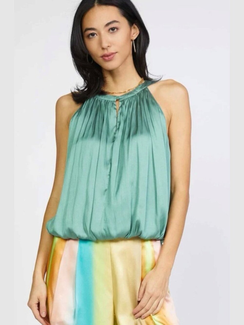Current Air Satin Blouse Halter Neck Bubble Hem Green Size S M Sleeveless Lined